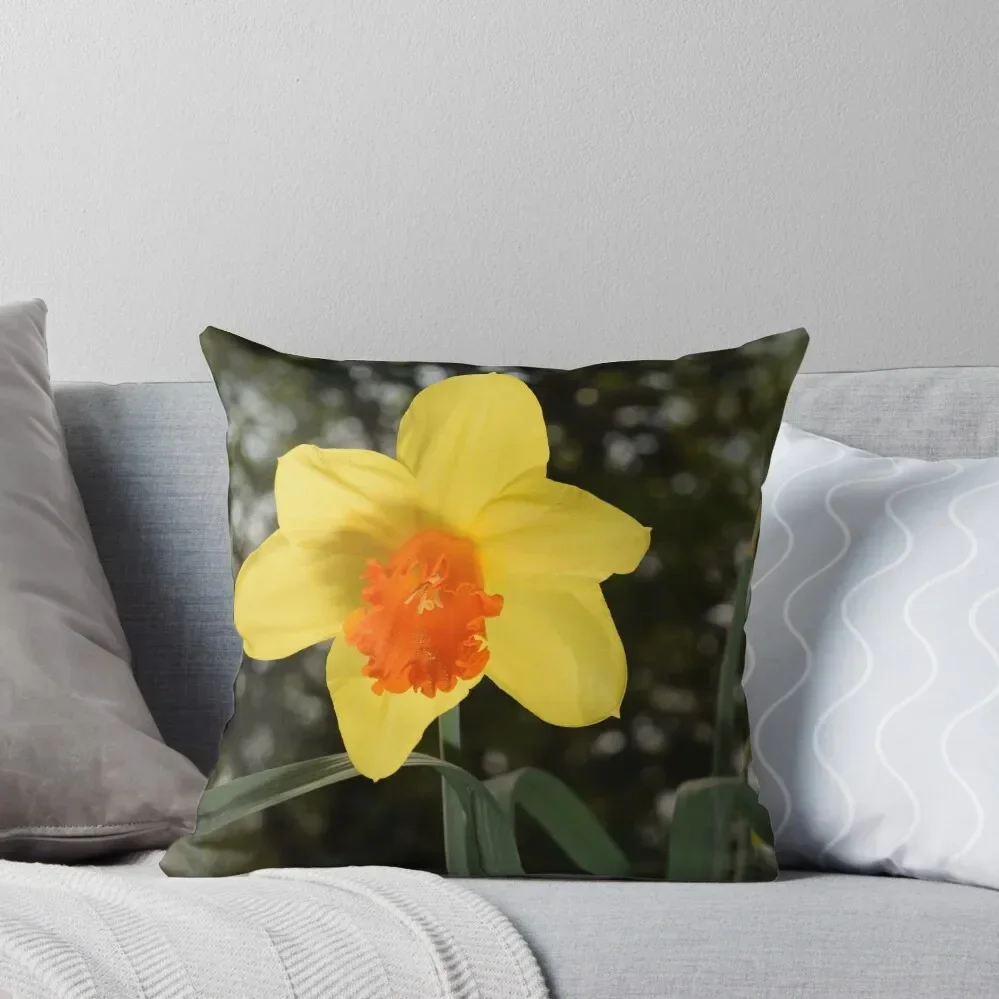 Bright yellow orange Narcissus Daffodil on green background Throw Pillow anime girl Pillow