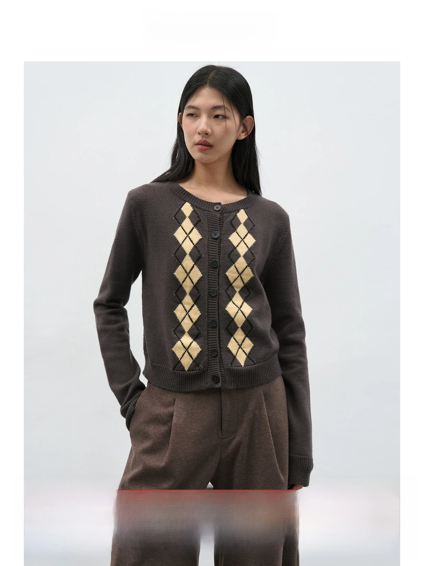 

Вязаный кардиган EIGHTHMONTH для женщин, круглый вырез, облегающий крой, ретро-дизайн, цветной узор «бриллиант», повседневный, длинный рукав