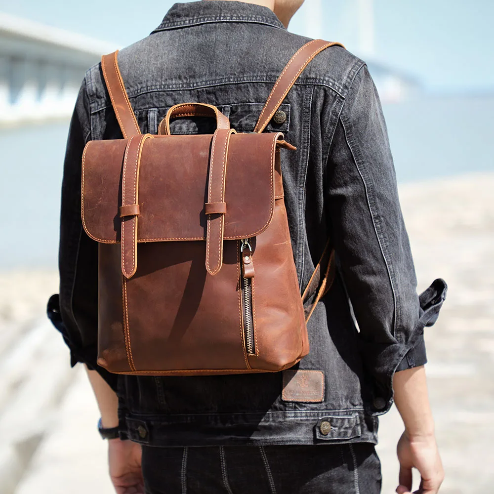 S.WORKER Vintage-Rucksack aus echtem Leder, Unisex, lässig, Preppy-Schultasche, Crazy Horse-Rindsledertasche, Umhängetasche – Detail 6