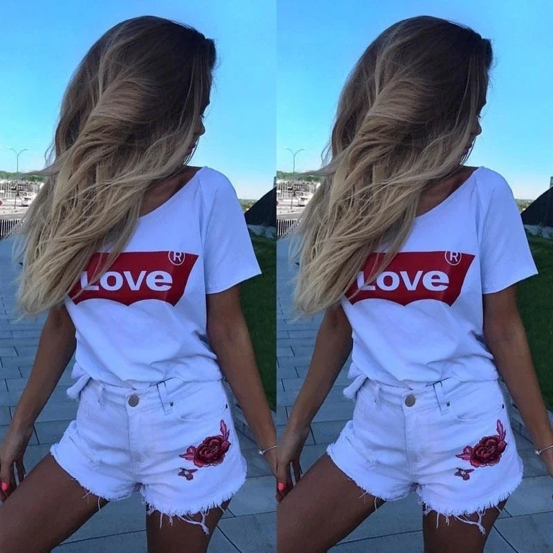 

Summer Fashion Women Casual Cotton Blouse Short Sleeve Love Shirt T-shirt Blouse Tops
