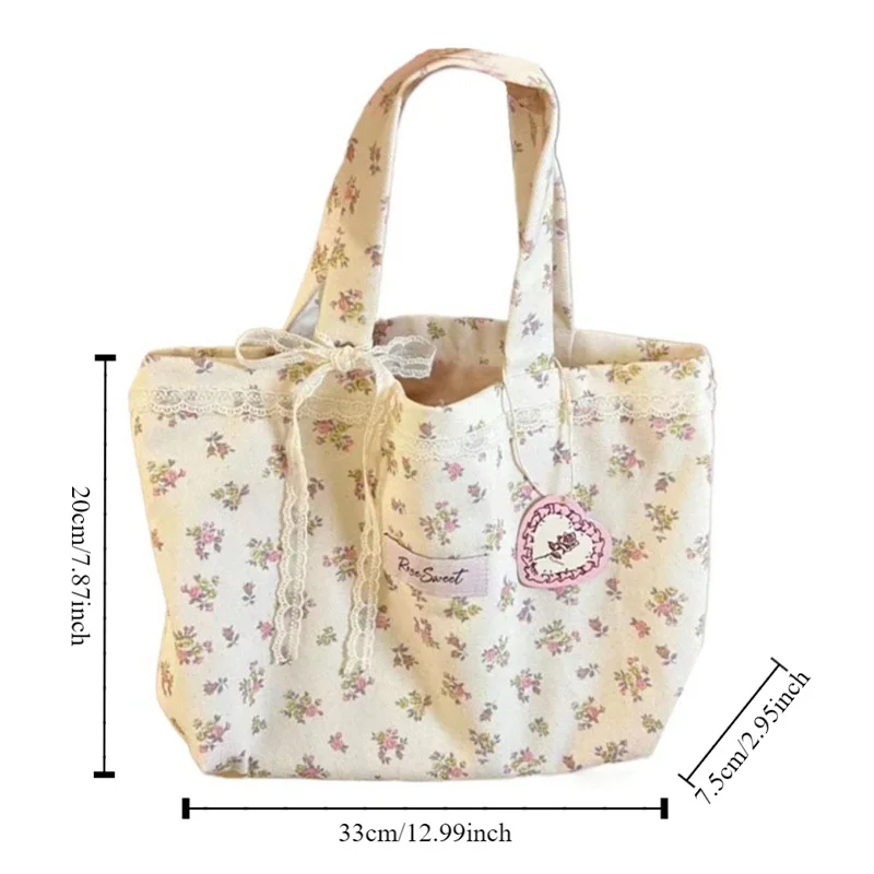 Women Large Capacity Canvas Tote Bag Sweet Yellow Floral Print Lace Forest Bow Wide Shoulder Strap Canvas Bag