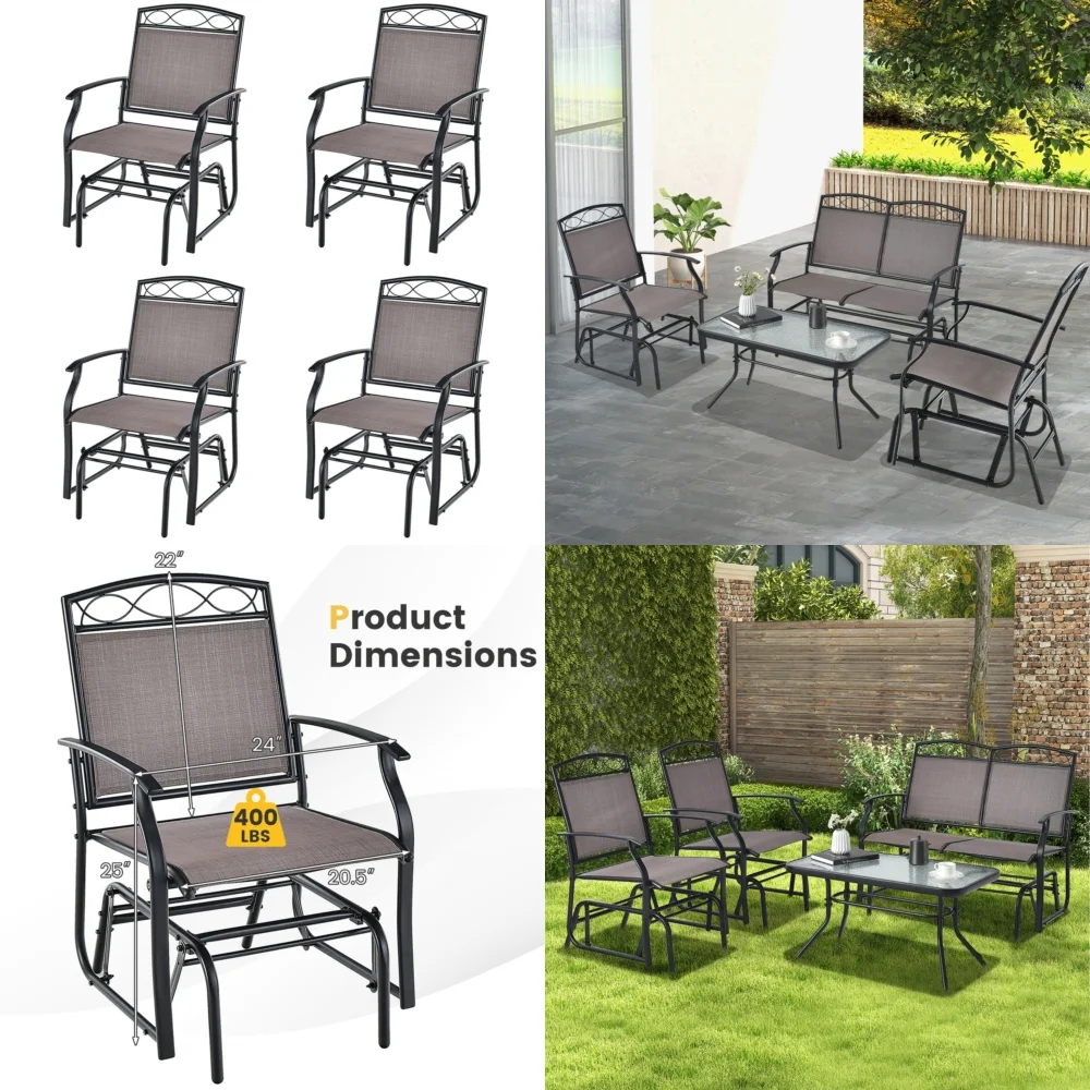 Beach Chairs4 Piece Outdoor Swing Glider Set with Metal Armchairs for Patio Comfort
