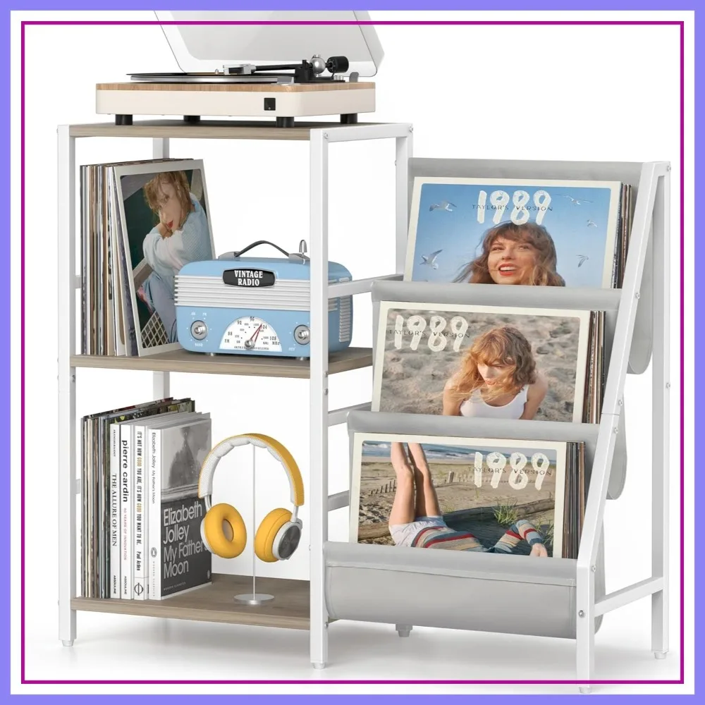 

Record Player Stand with Vinyl Storage for 200 Albums, Turntable Table with Display Shelf, Media Cabinet Stereo Stand