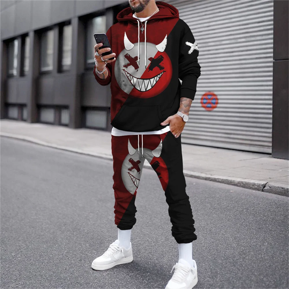 Conjunto de agasalho masculino sorriso 3d impresso hoodies ternos jogger casual sweatshirts moletom 2 peça outono inverno hip hop homem roupas