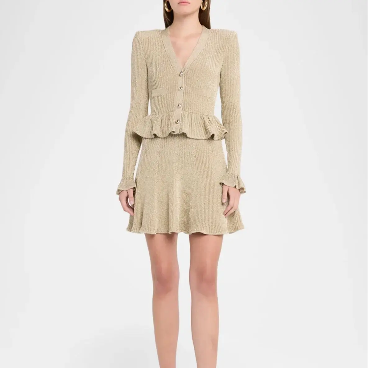 

【Gift Free】2025 Lurex Peplum Mini Dress Elegant Golden V-Neck Knitted Dress for Stylish Party Outfits for Winter