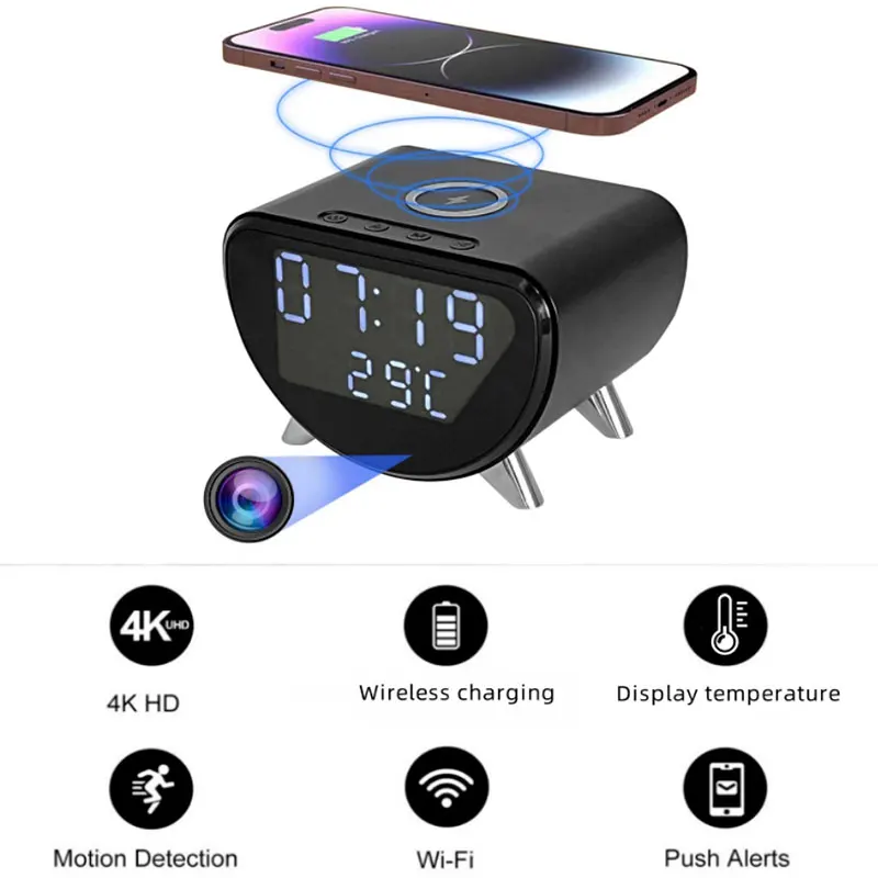 4K HD Wireless Charging Camera Mini WiFi Motion Detection Alarm Clock Cameras Remote Viewing Display Temperature APP Control