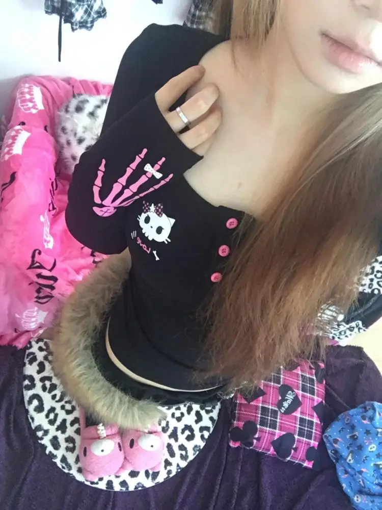 Erwofeina Print Grafische T-shirts Vrouwen Kleding Lange Mouw Gothic 2000s Kleding Y2k Kawaii Slanke Herfst Tops Tees Vrouwelijke Kleding