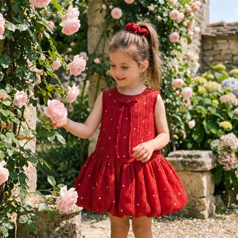Mädchenkleid (0-10 Jahre) Sommer Neuheit Süßes Prinzessinnenkleid mit Haarschleife Rotes Geburtstagskleid für Babymädchen – Detail 4