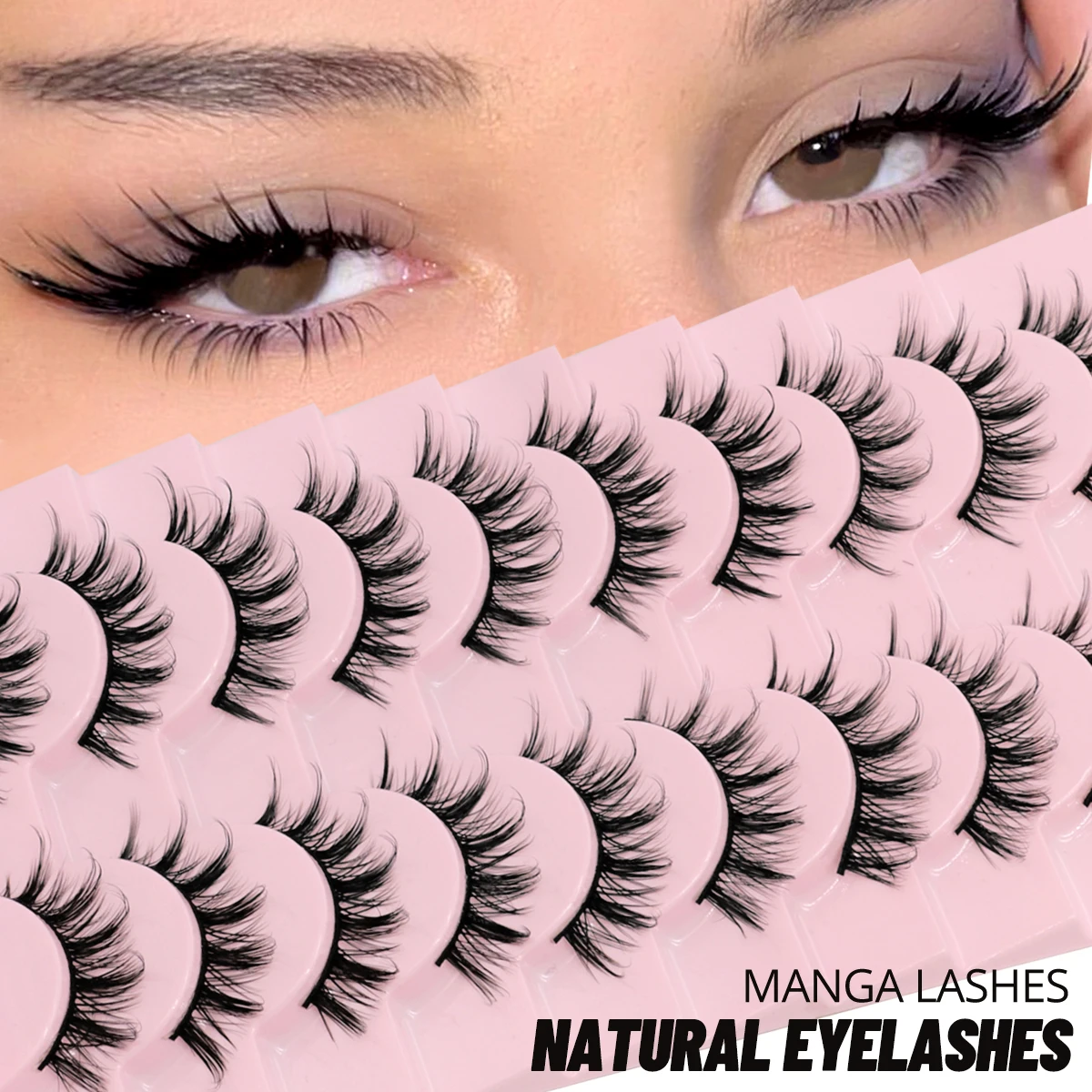 LASVIREY Manga Eyelashes Natural Mink Fake Lashes Soft Cross Natural Volume Wet Lash Natural Long 3D Faux Mink Lashes Extension