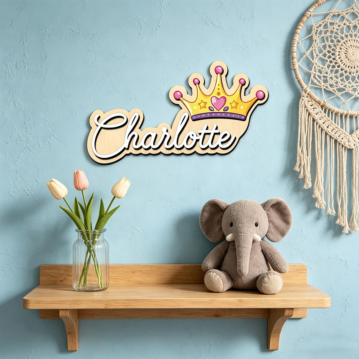 1pc Customized Double-layer Wooden Surname Brand, Exquisite Crown Shaped Design, Home Decoration, Bedroom Wall Decoration