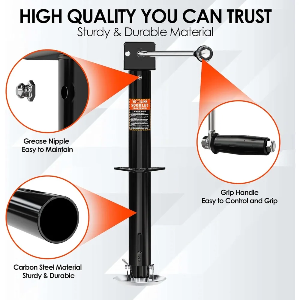 5000 lbs A-Frame Trailer Jack with 15-Inch Lift, Adjustable Drop Leg for RV, Boat, and Utility Trailers