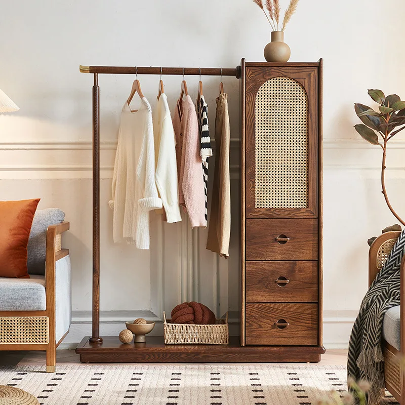 Vintage Solid Wood Rattan Woven Freestanding Coat Rack with Drawer Storage Cabinet Multifunctional for Southeast Asian Homestay