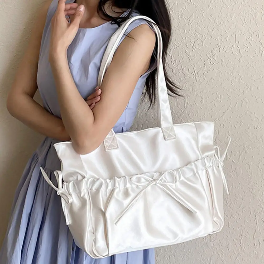 

Women Wrinkled Shoulder Bag Glossy Tote Bag with Bows Large Capacity Handbag Purse for Outings Street Commuting Parties Date