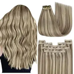 YoungSee Clip in Hair Extensions  Light Brown Highlights with Blonde  Straight Real Human Hair Clip in Extensions