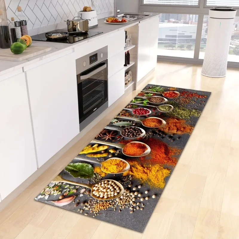 Scandinavian Waterproof Rug Antibacterial Stain Resistant Spice Printed Machine Washable Modern Kitchen Rugs Home Decor