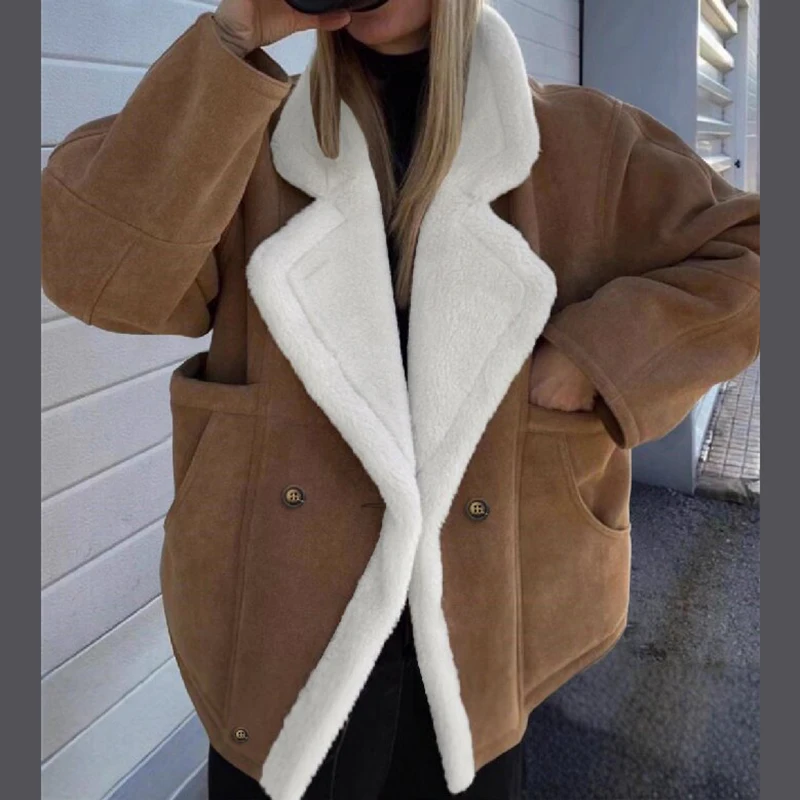 Women's Faux Shearling Suede Jacket Notched Lapel Double Breasted Loose Coat Pocket Street Outwears 2026 New Autumn Warm Jackets