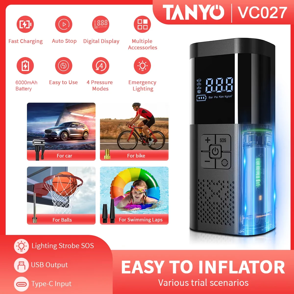 

Cordless Air Compressor,Auto-Off, LED Display for Car, SUV, Truck, Motorcycle, Bike Tire Inflator Accurate Pressure Air Pump