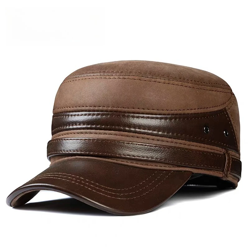 New 2024 Winter Men Genuine Leather Baseball Cap Earmuffs Flat Hat Male Keep Warm Leisure 57-60 cm Adjustable Gorro Cow Skin Cap