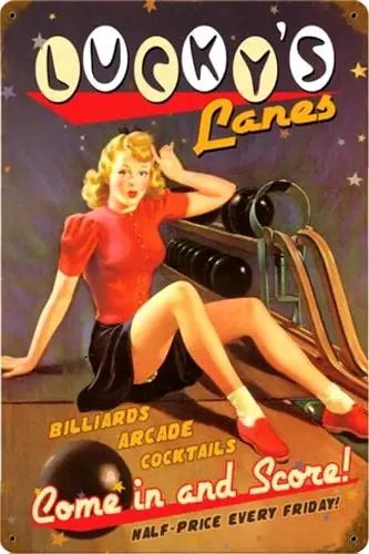 1c,Vintage 1950s Pin Up Girl Retro Wall Decor 12x8 Lucky's Lanes Bowling Pin Up
