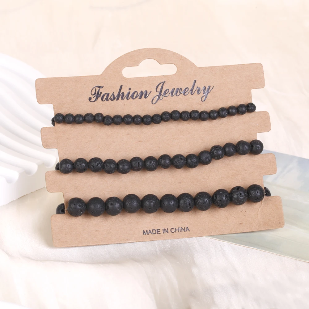 TeoWaki Natural Volcanic Rock Stone 3Piece Beaded Elastic Bracelet Bring lift low mood restore energy and vitality Women Men19cm