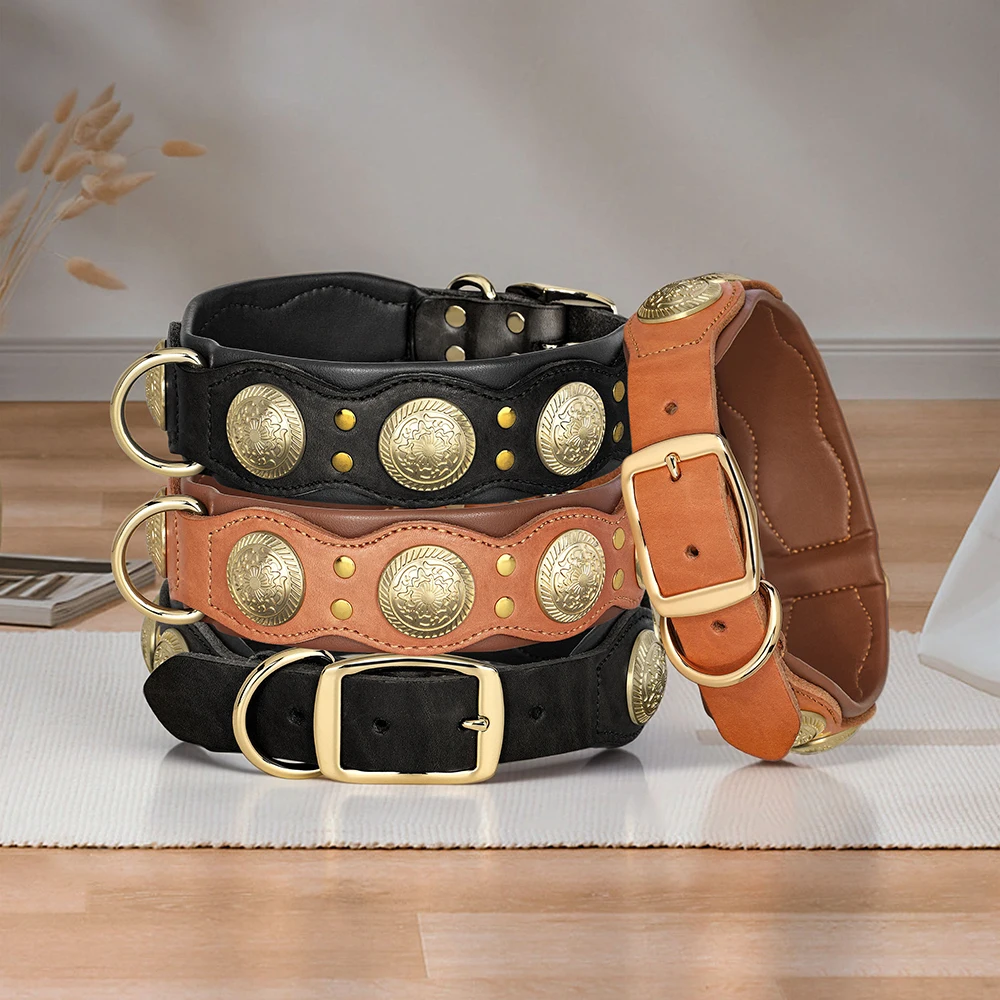 2 Inches Wide Luxury Genuine Leather Dog Collar Studded Heavy Duty for Medium Large Dogs Bulldog Rottweiler