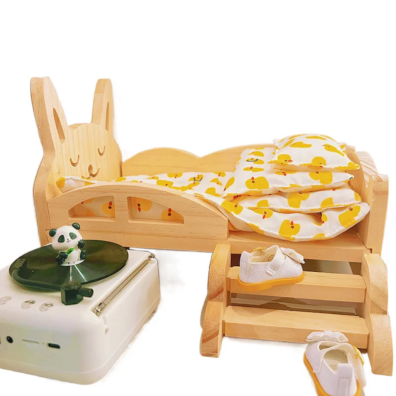 per labubu Cotton Doll Bed 30 cm Set di mobili stile principessa per giochi immaginari Biancheria da letto per bambole Giocattolo per lettino in legno in due pezzi