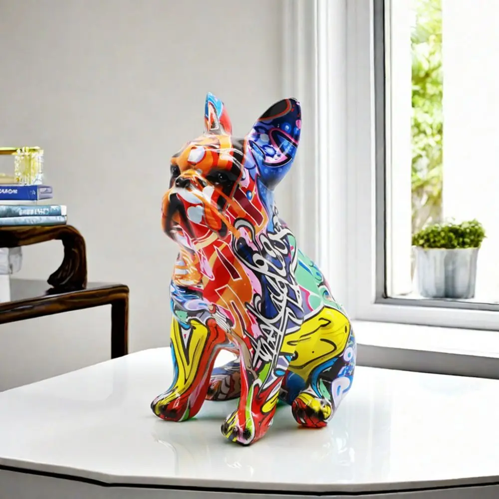 Kawaii Graffiti French Bulldog Statue Cartoon Mini Painted Bulldog Statue Romance Creative Colorful Dog Statue Home