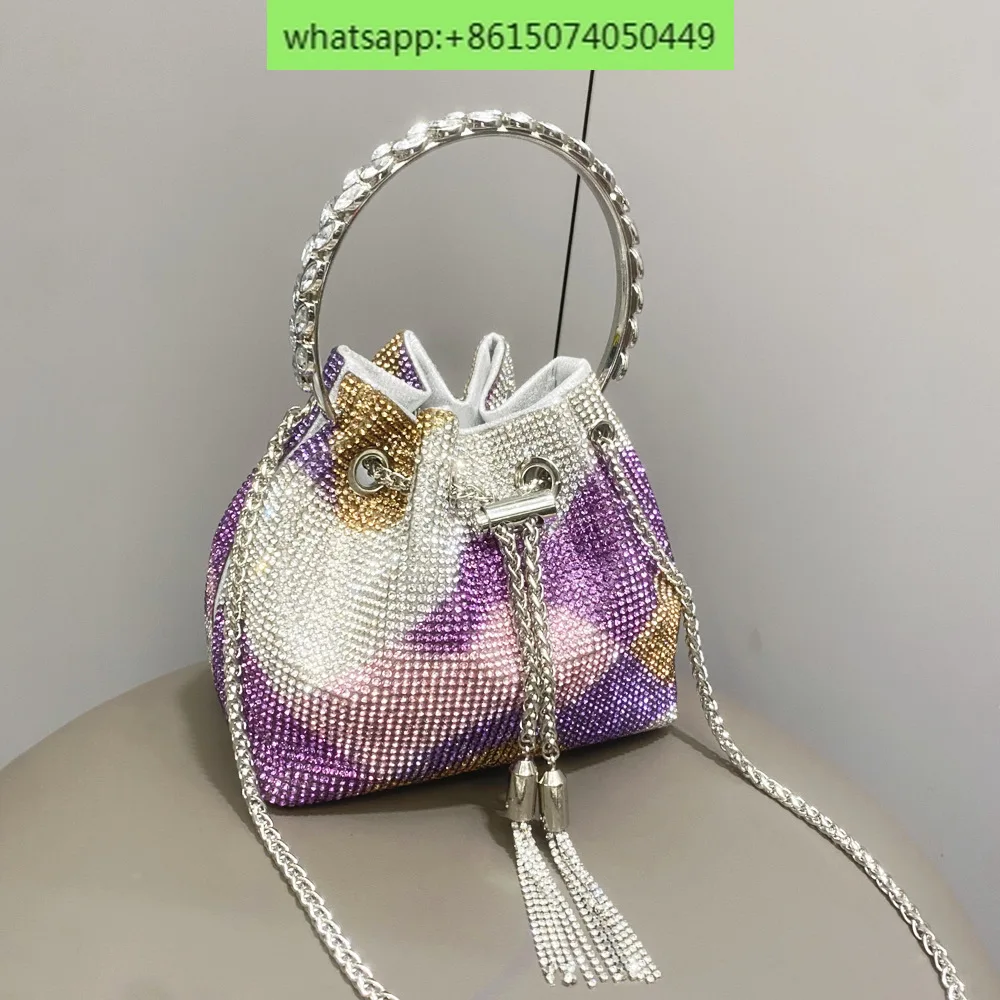 European and American ladies handbag shiny crystal handbag hand-studded metal ring bucket bag