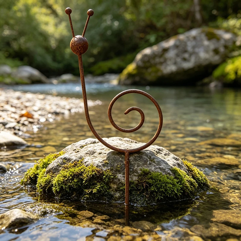 Rostiger Metall-Schnecken-Gartenstecker: Eisenkunst-Rasenornament für den Außenbereich, Terrasse und Garten – Dekorativer Einstecker – Detail 5