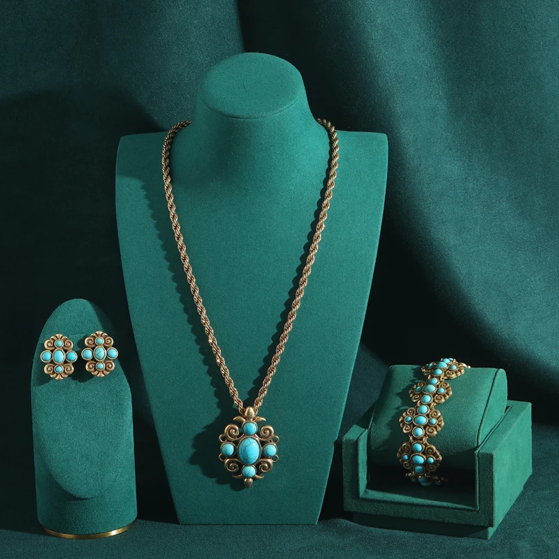 

Vintage Turquoise Jewelry Set For Woman High Quality Natural Stone Cherry Earrings Necklace Bracelet 2026 New Beach Accessories
