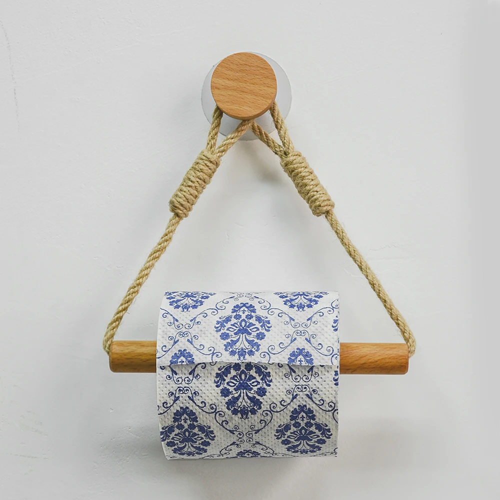 Natural Wood Paper Rack Hanging Wall Hook Retro Hanging Rope Toilet Paper Rack Home Hotel Bathroom Decoration Paper Holder