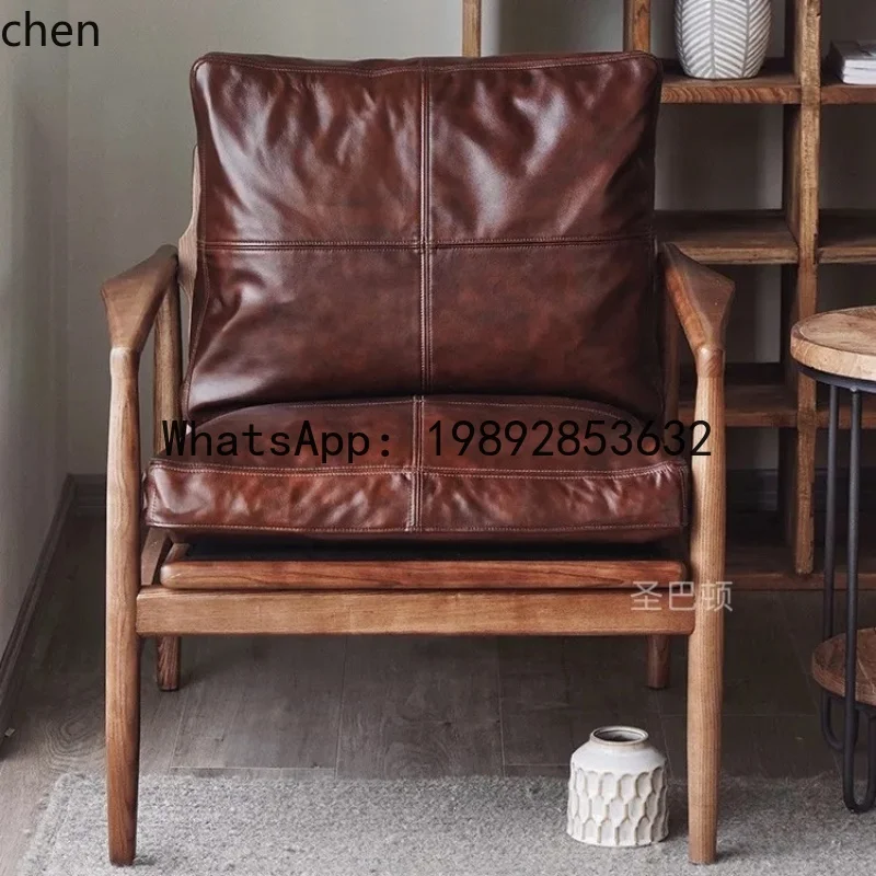 

sofa chair small apartment living room bedroom solid wood leather single leisure sofa