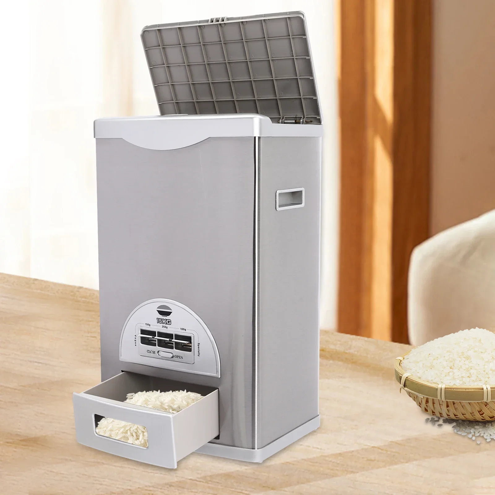 

Stainless Steel Rice Storage Container Rice Dispenser Kitchen Storage Assistant 30.5*22*50cm for Storing Grains