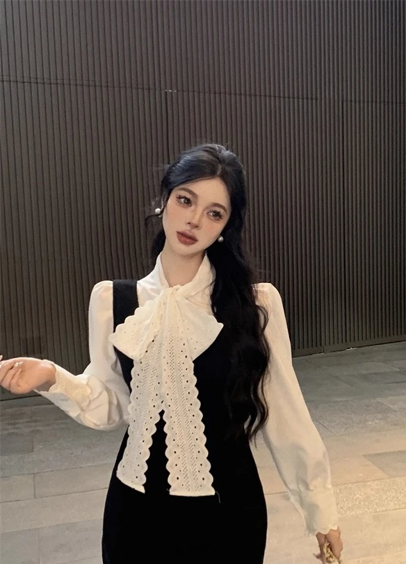 Lolita Sweet Bow Wit overhemd met lange mouwen Dames herfst en winter Frans los en chic Leeftijdverminderend Mode Veelzijdige top