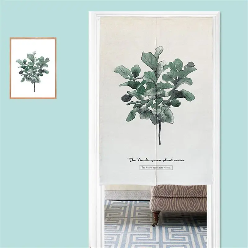 VIKAMA Nordic Noren Curtain Watercolor Monstera Leaf Print Fabric Door Curtain Kitchen Bedroom Entrance Privacy Partition Decor