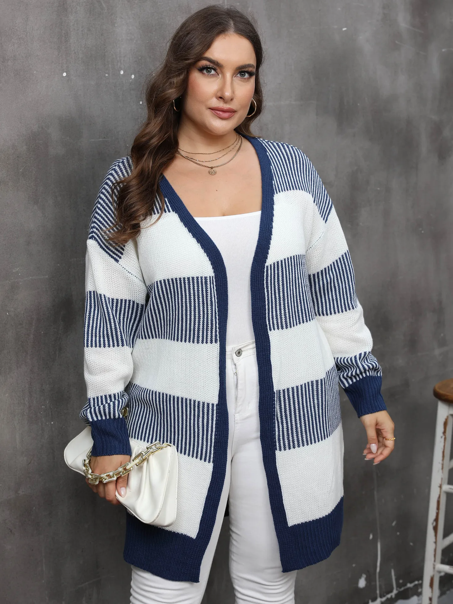 Plus Size Women Striped Knit Cardigan Open Front Long Sleeve Color Block Loose Sweater Coat Casual Fall Outerwear