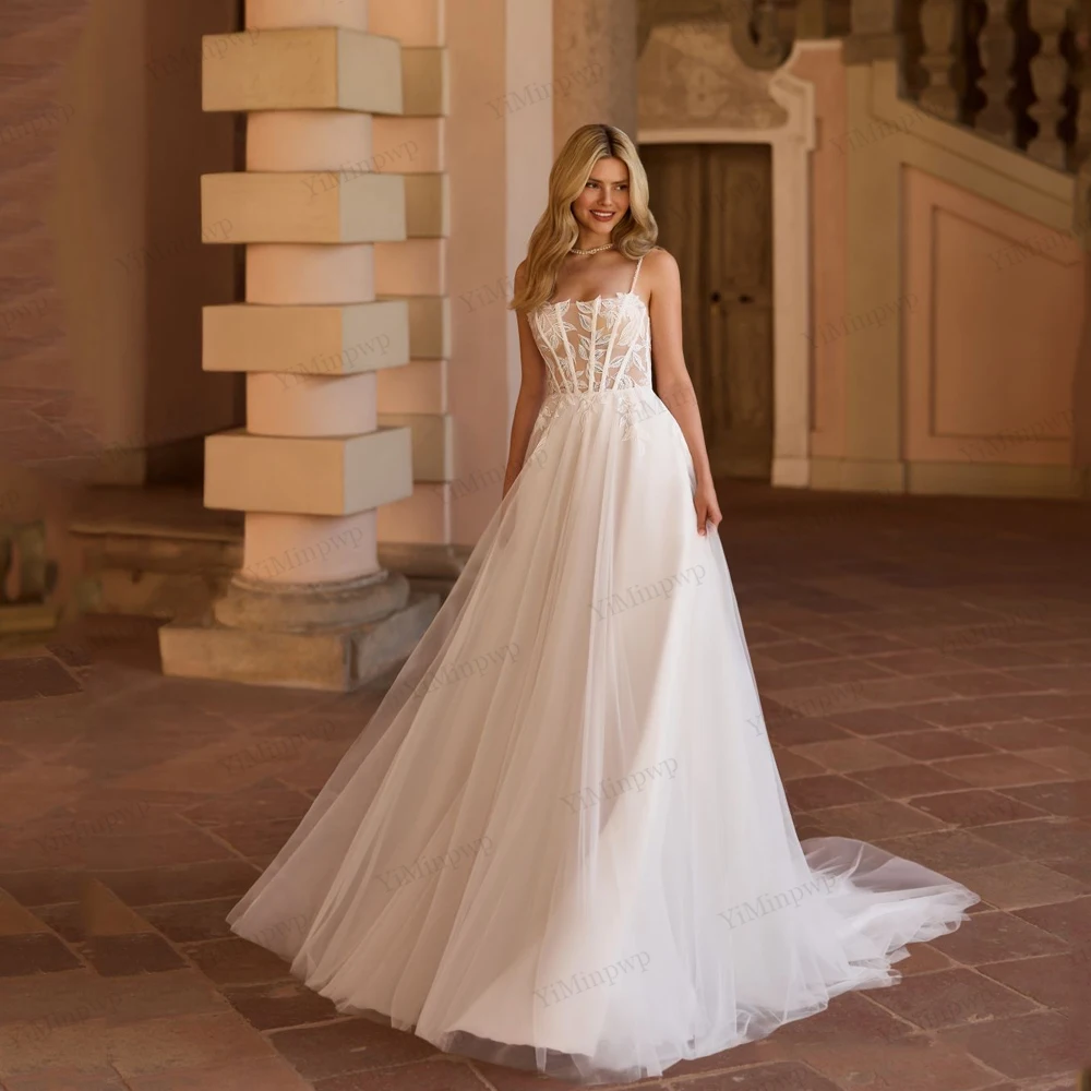 

Boho A-Line Lace Wedding Dress For Bride Applique Spaghetti Straps Tulle Bride Gowns vestidos de fiesta Sweep Train Customized