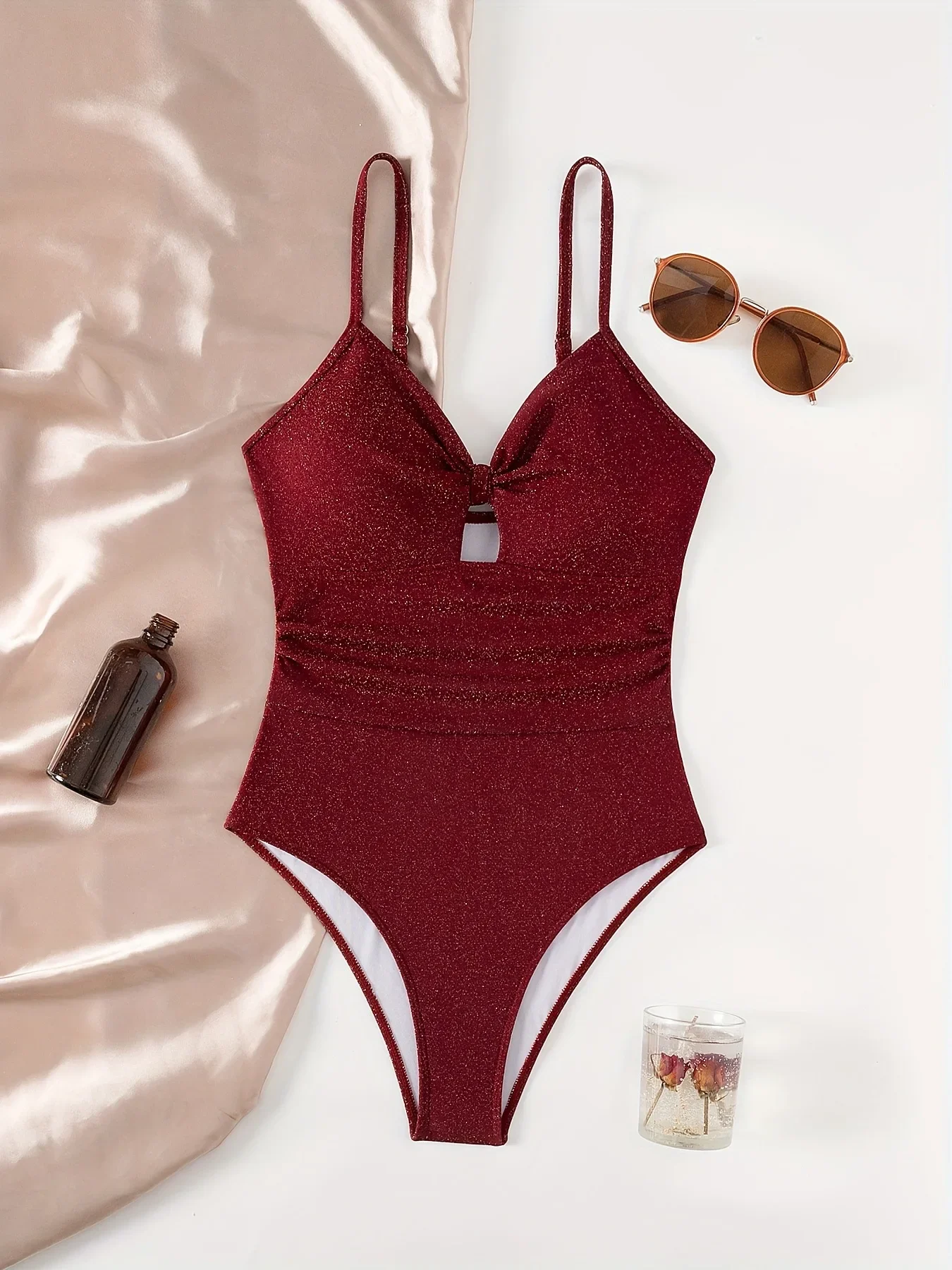 

Wine Red High Waist Bathing Suit Ladies Shining One Piece Swimsuit Women 2025 Glitter Swimwear Bikini Padded High Leg Beach Wear