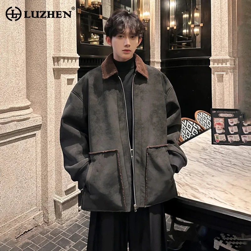 

LUZHEN 2025 Winter Stylish Outline Big Pockets Color Contrast Neck Casual Jacket Men's High Quality Brushed Elegant Coat JY5290