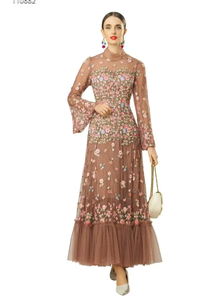 Autumn New Standing Collar Trumpet Sleeves Full of Three-Dimensional Floral Embroidery Slim Fit  Elegant Retro Women's Dress