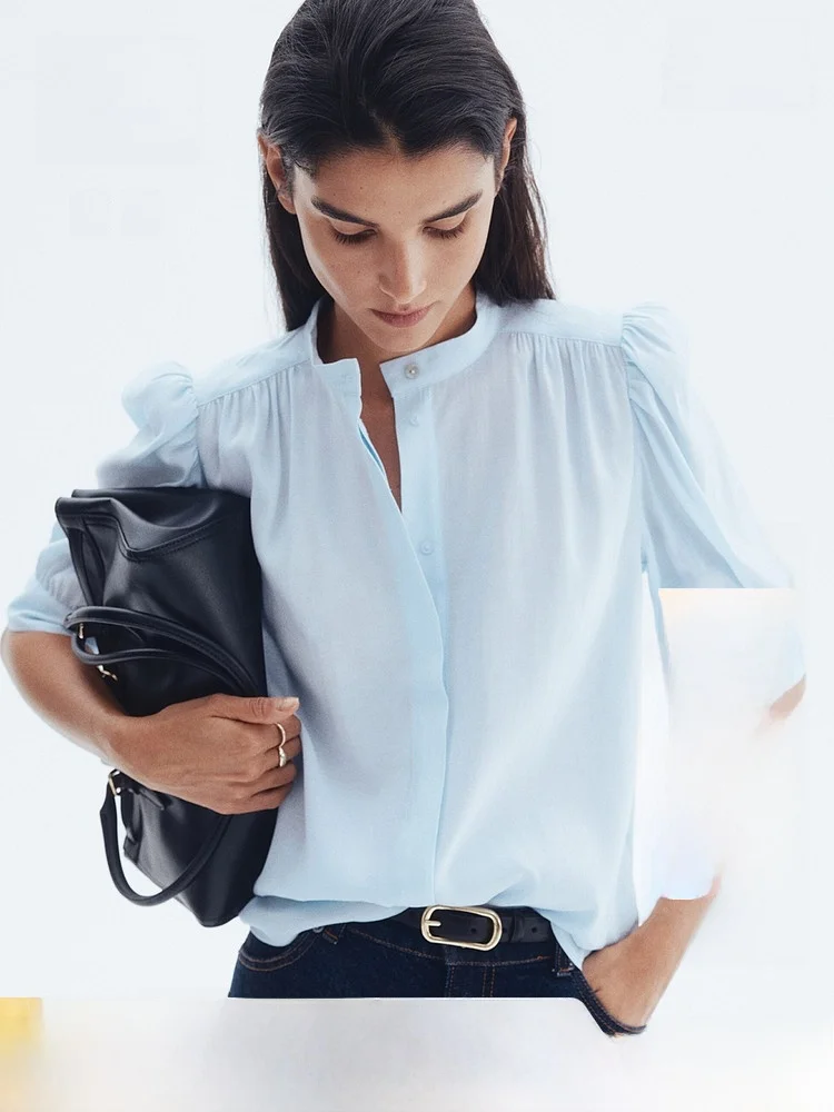 

H&M Women's Shirt Summer Elegance Intellectual Style Mid-Sleeve Top 1295103 Casual Style Short Sleeve Pure Color Regular Length