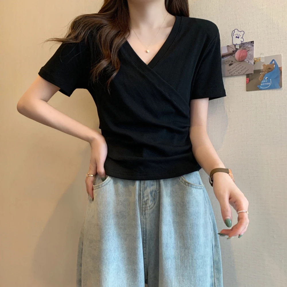 

For Women's Cross V Neck Casual Short Sleeve Top with Slight Stretch Fabric and Solid Color Pattern for Warm Weather