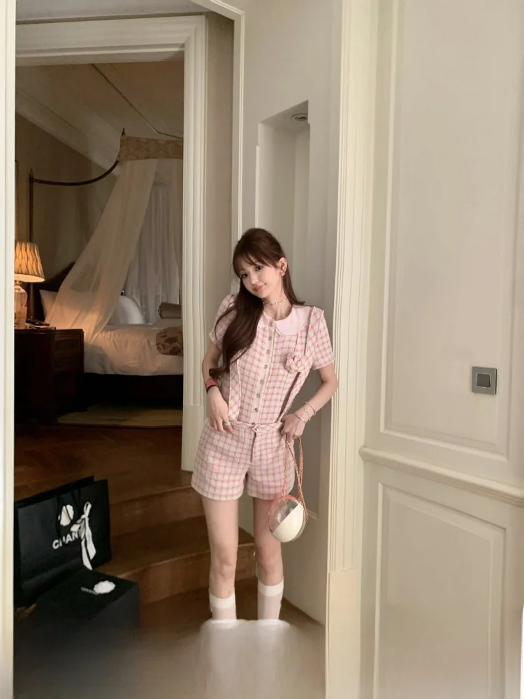 

Комплект женской одежды F Boutique Cus Dyed YB25C: ткань в клетку, воротник Питер Пэн, стиль Jennie Faion, хлопок, откидной воротник