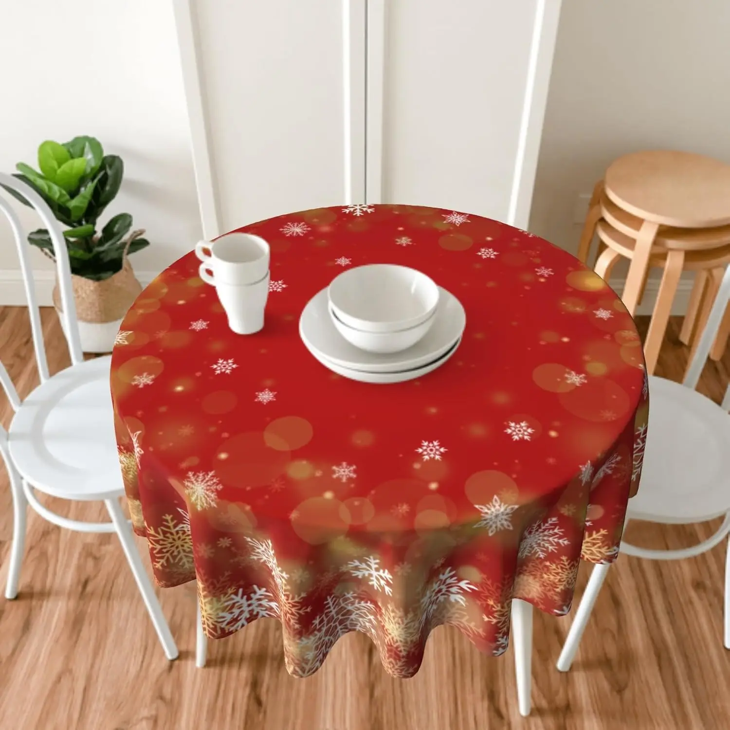 مفرش طاولة مستدير من رقاقات الثلج الشتوية، مفرش طاولة ثلج باللون الأحمر والذهبي والأبيض مقاس 60 بوصة لتناول الطعام في المطبخ، بوليستر لعيد الميلاد #2
