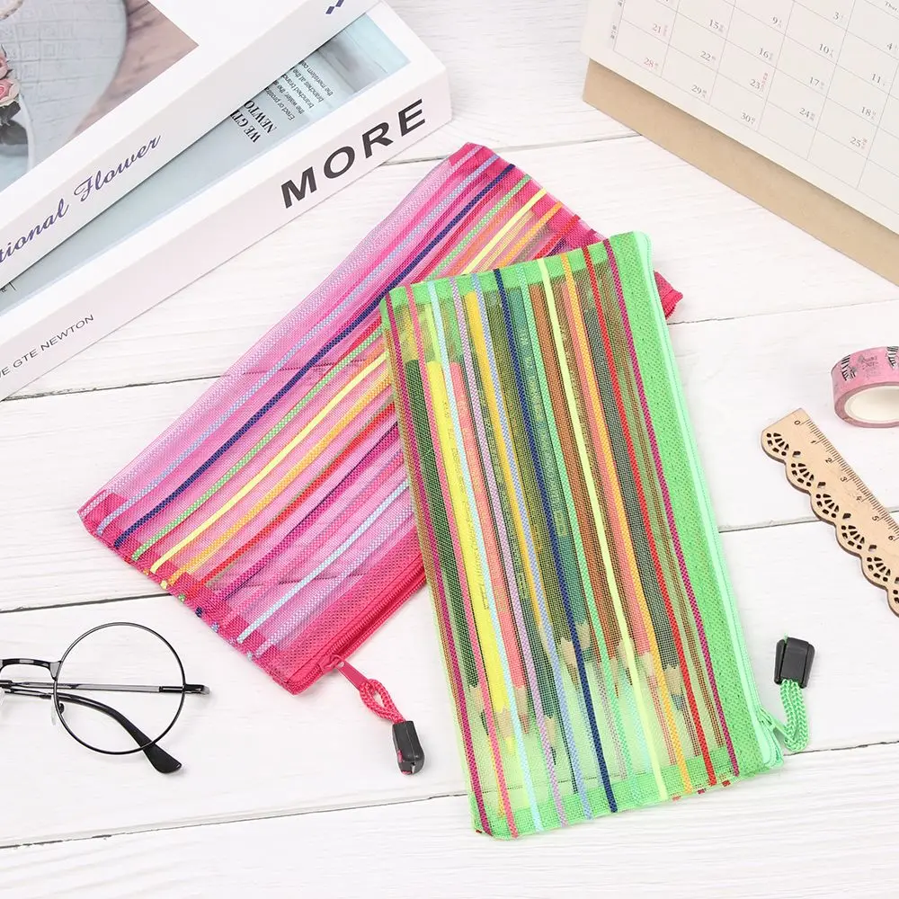 1pc Coin Purse Gifts Rainbow Color Makeup Nylon Stationery Cosmetic Storage Grid Mesh Pen Bag Zipper Pencil Case