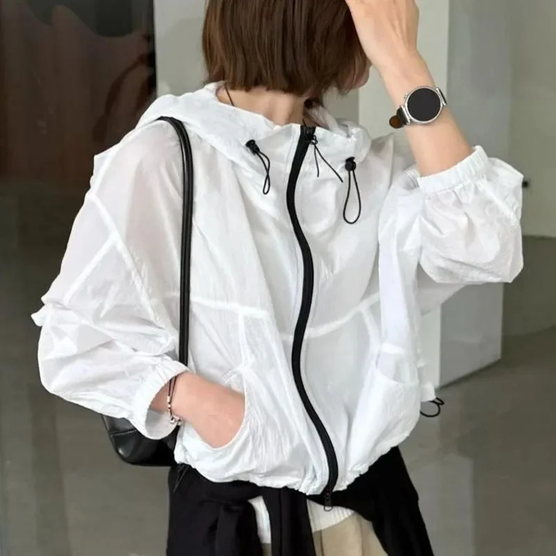 Summer New Loose Sun Protection Jacket With Drawstring Simple Fashion  Women Casual Breathable Coat Short Zipper Thin Sunscreen