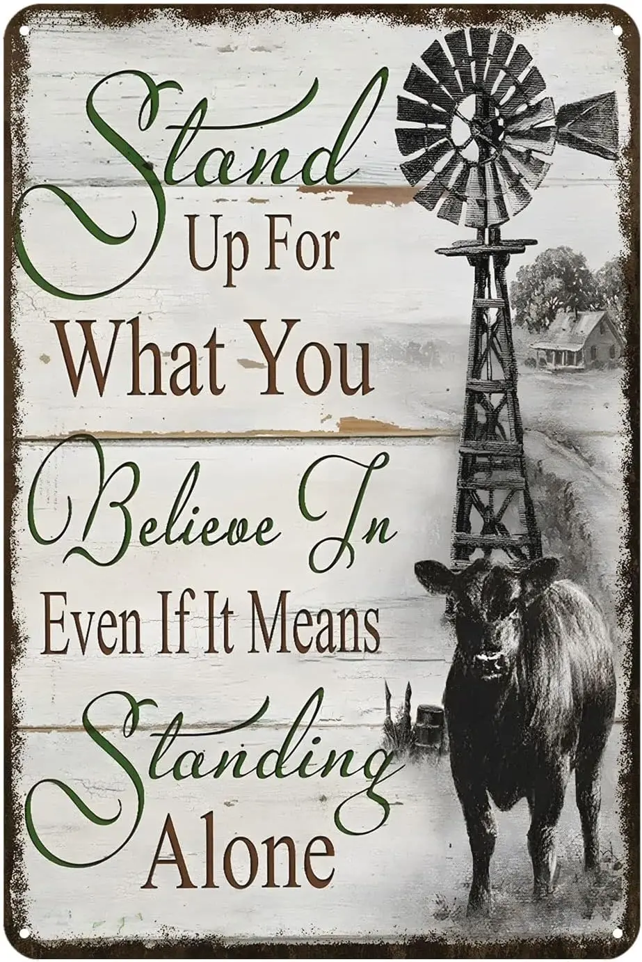 Aenaon Stand Up for What You Believe in Metal Sign Vintage Bar Kitchen Garage Cave Home Wall Funny Decor Retro Cow and Windmill