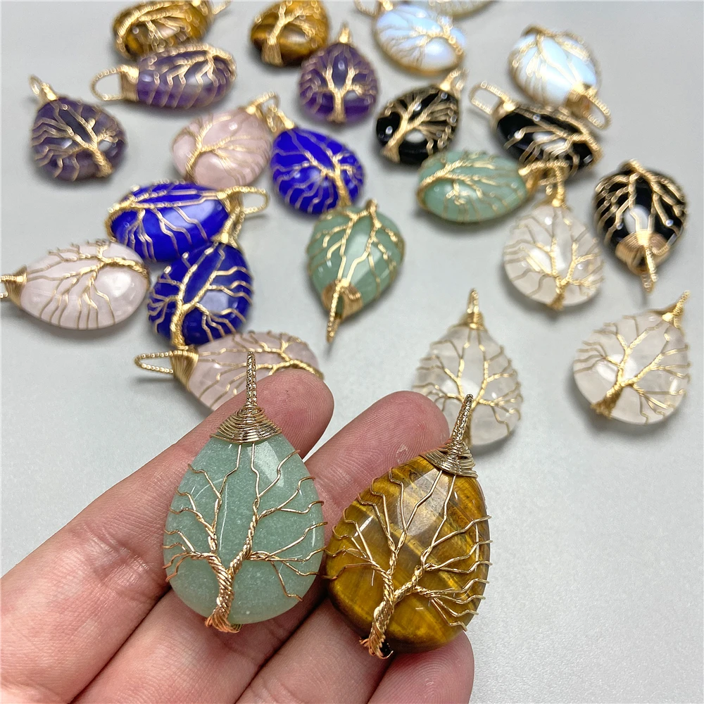 1Pc Water Drop Shape Natural Stone Pendant Handmade Life Tree Charm Pendants Gold Silver Color Wire Wrap Pendant for DIY 24x41mm