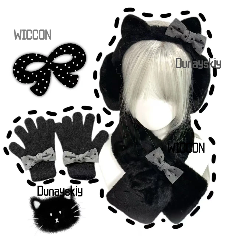 jirai-kei-gotico-preto-cinza-bolinhas-arco-bonito-orelhas-de-gato-inverno-quente-cosplay-aderecos-de-pelucia-earmuffs-cachecois-luvas-dia-das-bruxas-diariamente