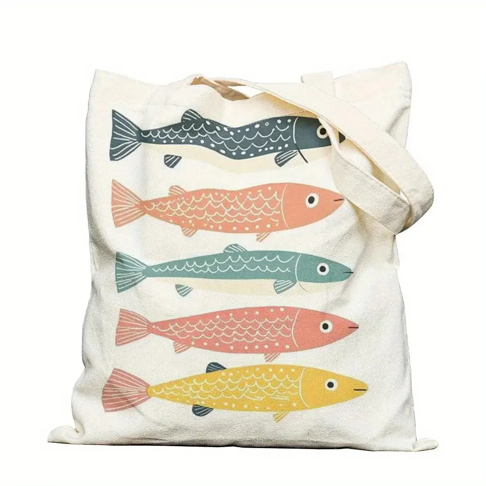 A Bright sardine pattern printed canvas tote bag, suitable f